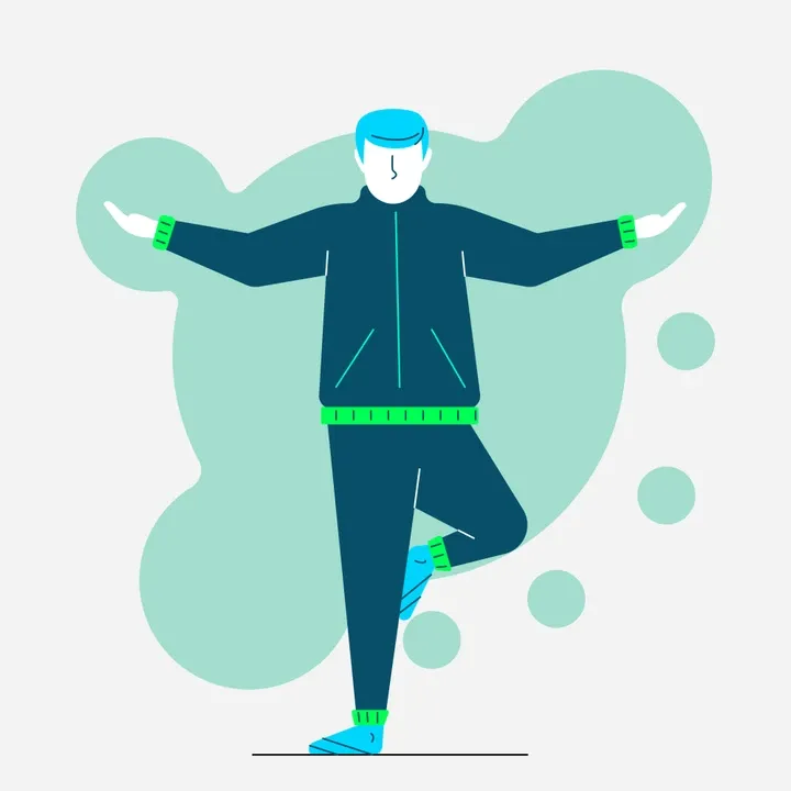 A minimalist illustration shows a figure in a navy tracksuit striking a balanced yoga-like pose.