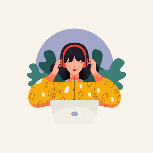 An illustration of a person wearing a yellow polka-dotted top sitting at a laptop while wearing red headphones.
