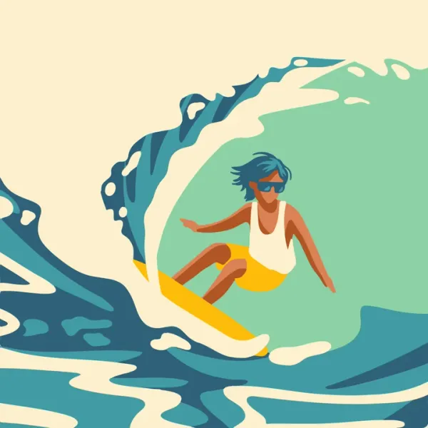 An illustration of a surfer in yellow shorts and white shirt riding a wave.