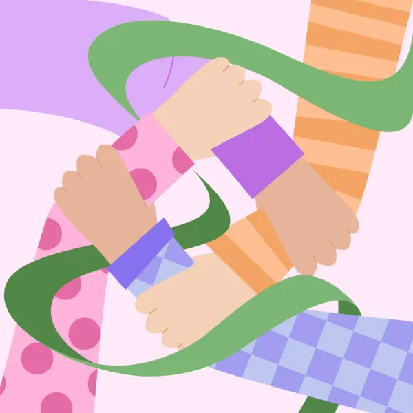 Abstract hands linked in unity, wrapped by green curves against pastel geometric patterns and shapes.