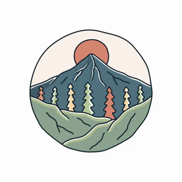Illustration of a mountain peak, with Sun setting behind and a forest in front.