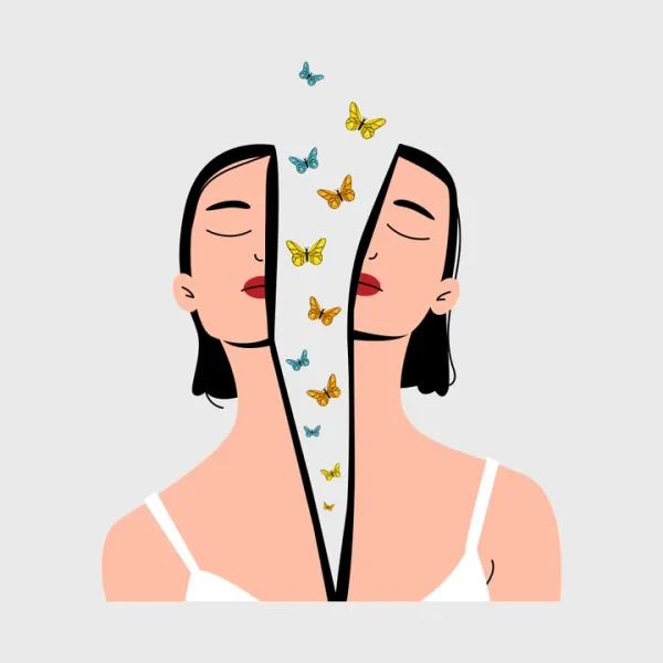 An illustration of a split woman's face with butterflies floating between the halves, suggesting inner peace and duality.