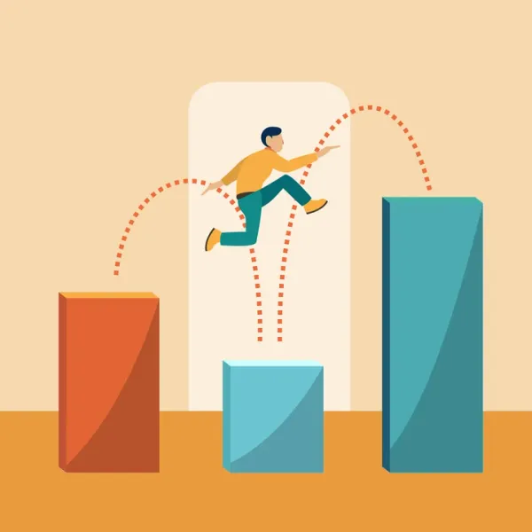 A figure leaps between ascending columns, with dotted lines showing the upward trajectory.