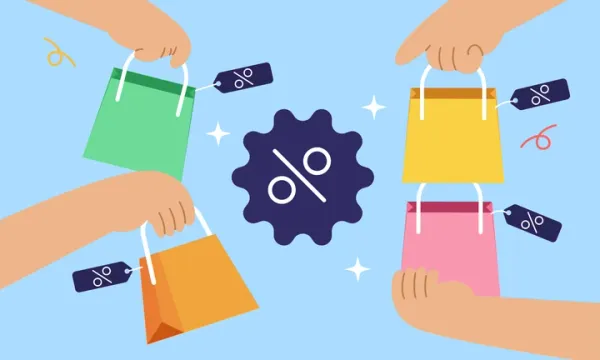 Illustrations of four hands each holding its own respective shopping bags, with price tags attached.